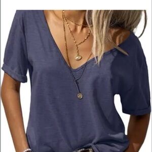 Nally & Millie Navy V‑Neck Short Sleeve Tee Ruched Sides for a Flattering Fit